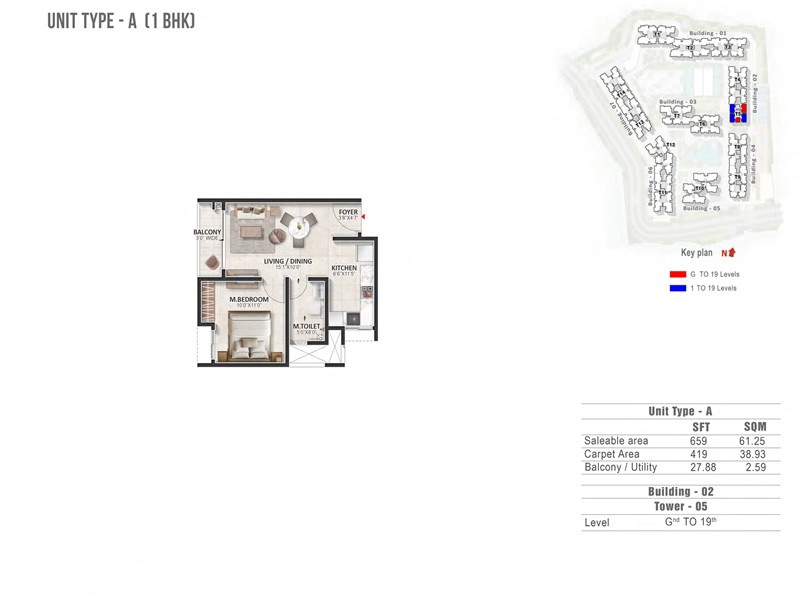 Prestige Evergreen 1 BHK 659 Sq Ft Floor Plan