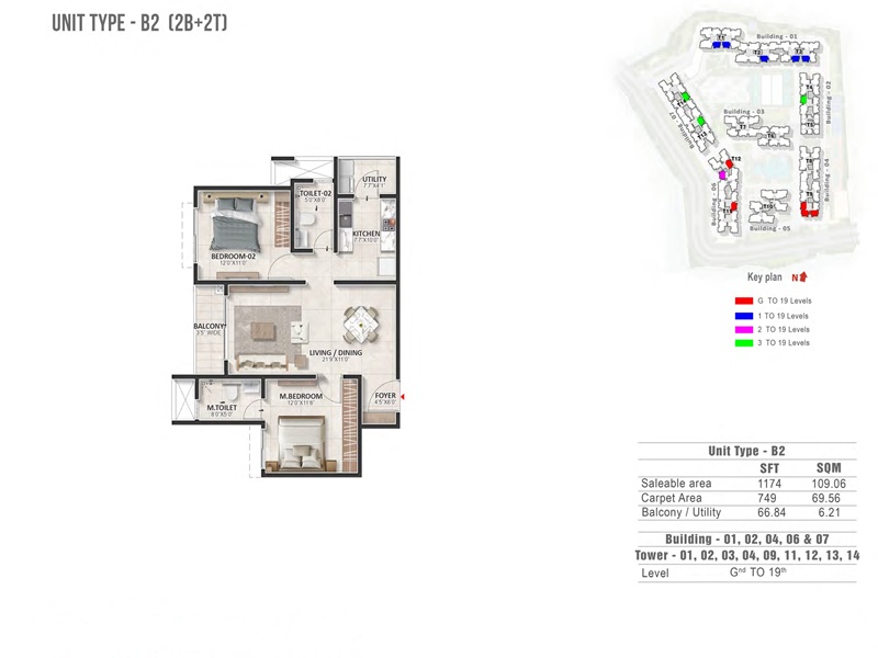 Prestige Evergreen 2 BHK 1174 Sq Ft Floor Plan