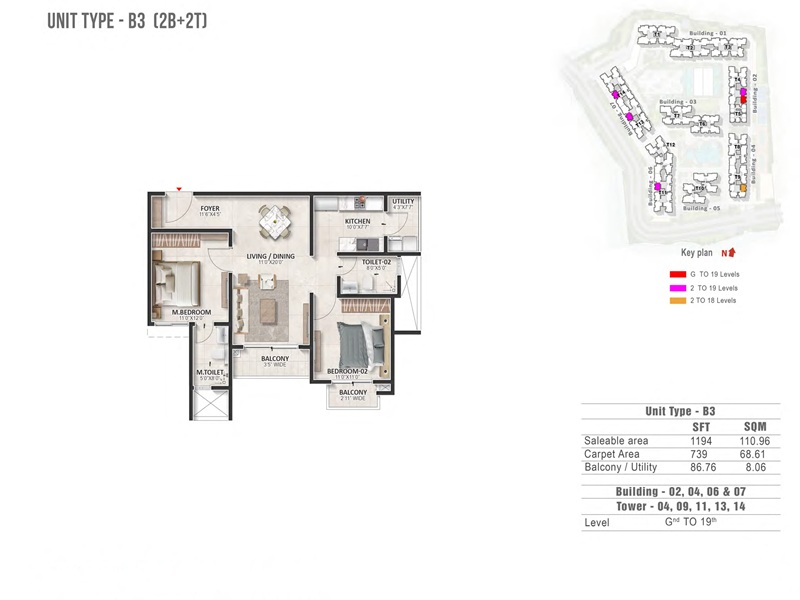 Prestige Evergreen 2 BHK 1194 Sq Ft Floor Plan