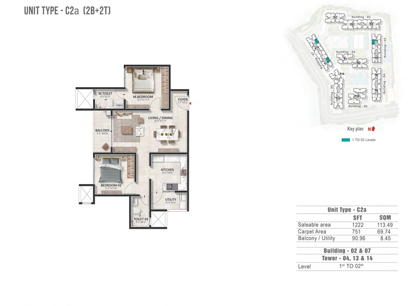 Prestige Evergreen 2 BHK 1222 Sq Ft Floor Plan