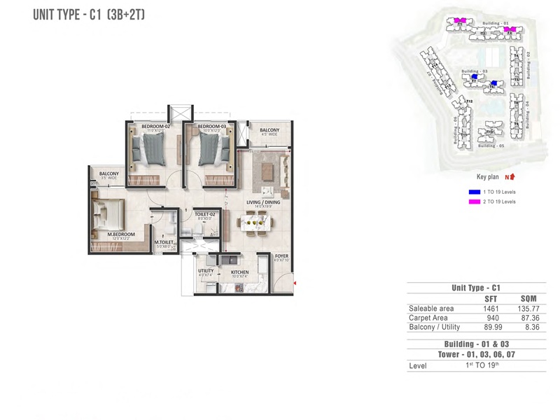 Prestige Evergreen 3 BHK 1461 Sq Ft Floor Plan