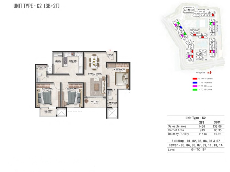 Prestige Evergreen 3 BHK 1486 Sq Ft Floor Plan