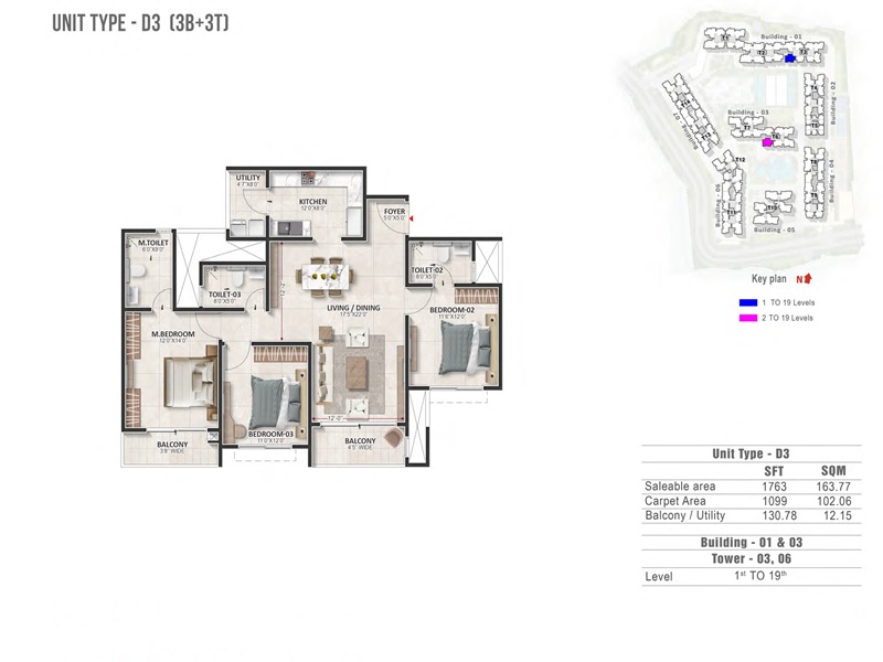 Prestige Evergreen 3 BHK 1763 Sq Ft Floor Plan