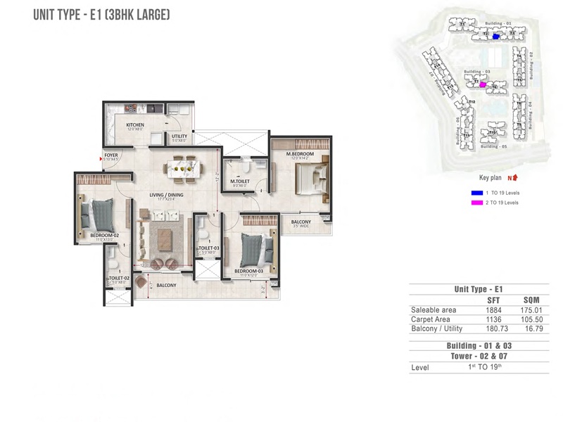 Prestige Evergreen 3 BHK 1884 Sq Ft Floor Plan