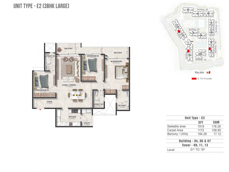 Prestige Evergreen 3 BHK 1919 Sq Ft Floor Plan