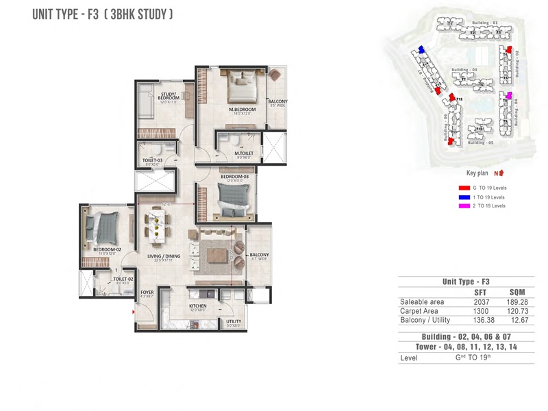 Prestige Evergreen 3 BHK 2037 Sq Ft Floor Plan